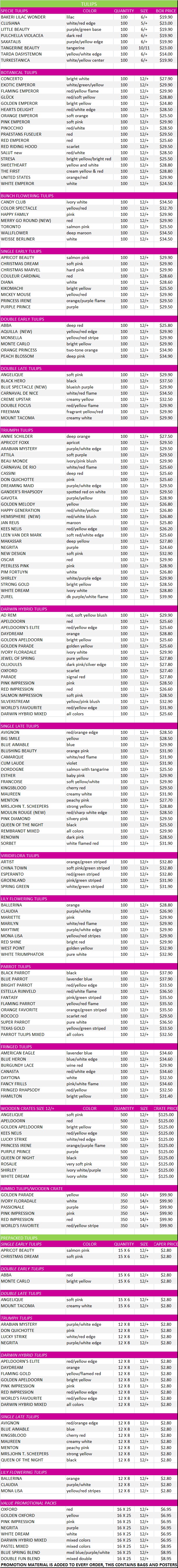 Tulip Price List, Fall 2015